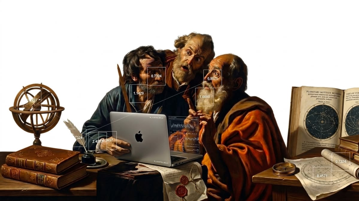 Renaissance scholars crowded around a laptop, studying live foreign exchange rates overlaid on a classical painting